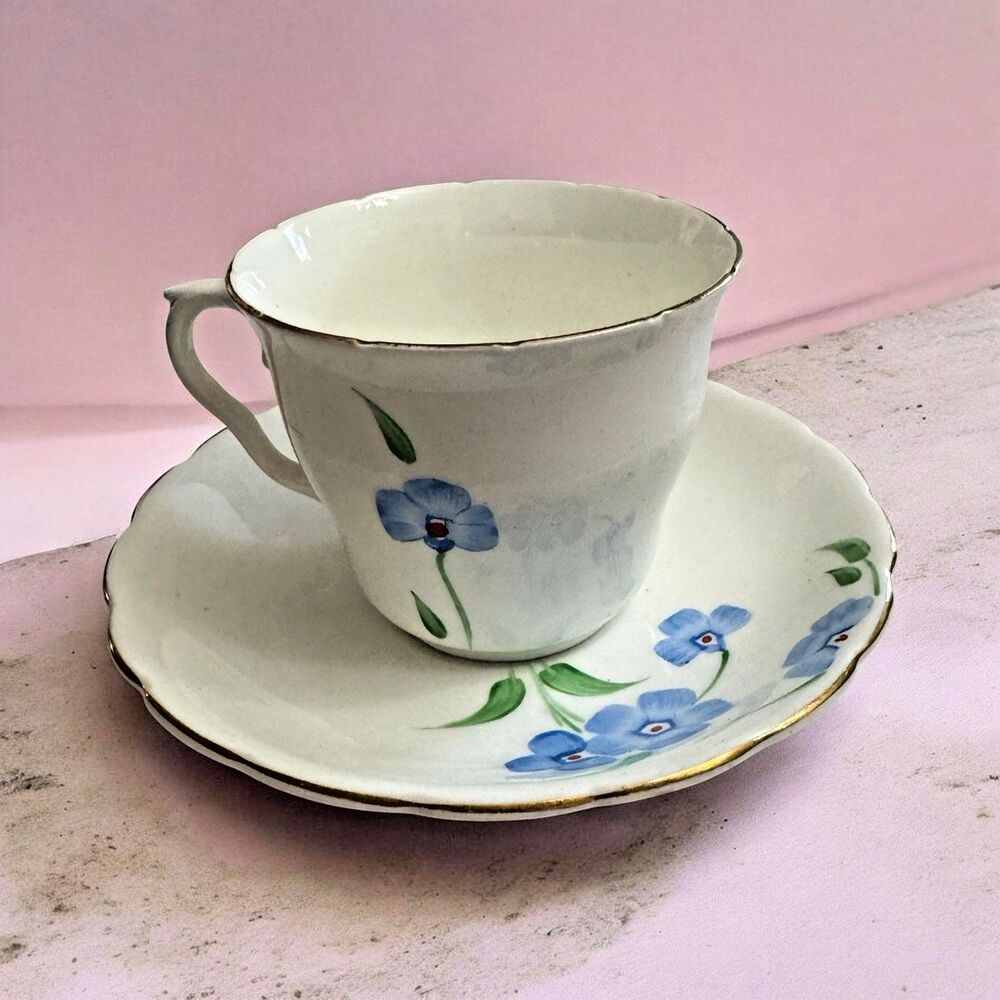 Vintage Colclough Bone China Teacup & Saucer Blue Flowers Gold Trim England